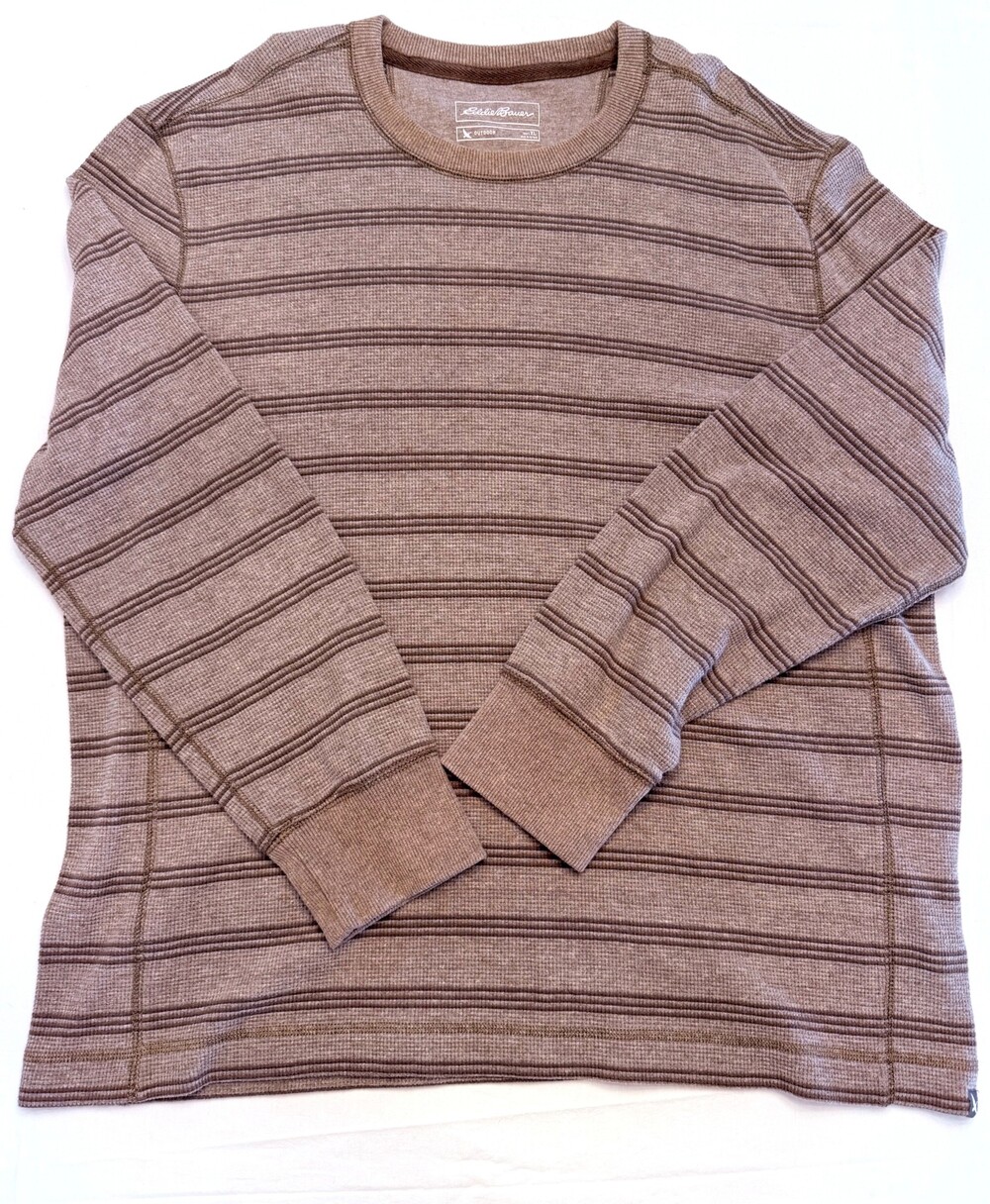 Eddie Bauer Outdoor Men’s XL Striped Thermal Waffle Knit Crewneck Taupe Brown